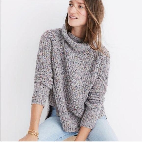 Madewell Color Fleck Chunky Knit Slouchy Wool Cowl Neck Turleneck Sweater - Picture 1 of 11